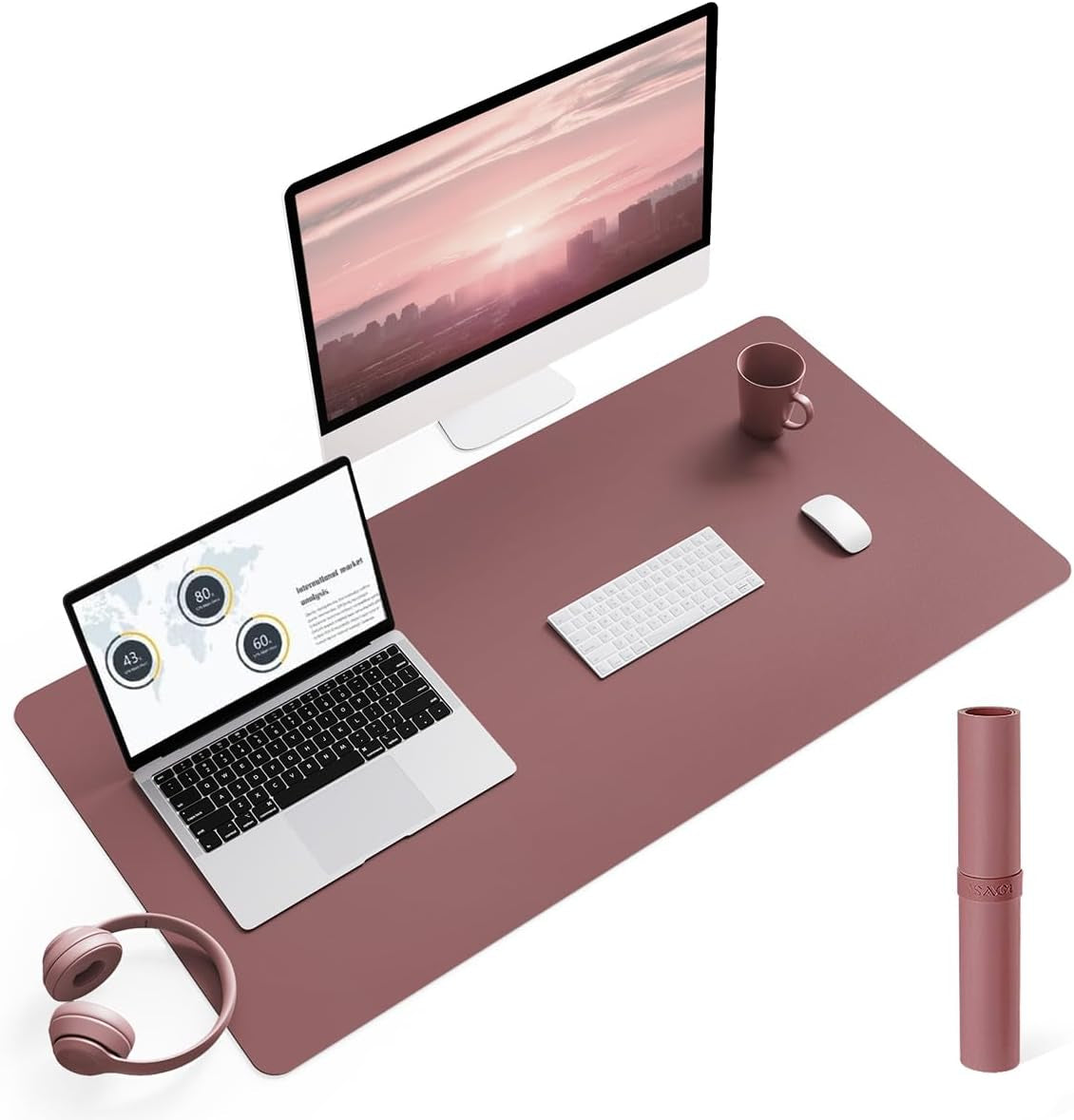 Large Non-Slip Leather Desk Pad - Waterproof Laptop and Keyboard Mat, Table Protector Blotter, Ideal for Office, Home, and Decor (Dark Pink, 35.4" x 17")