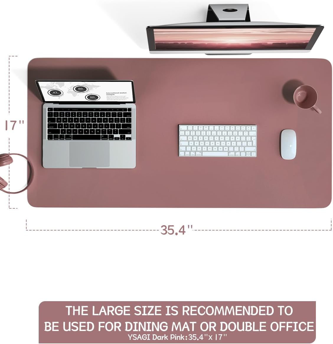 Large Non-Slip Leather Desk Pad - Waterproof Laptop and Keyboard Mat, Table Protector Blotter, Ideal for Office, Home, and Decor (Dark Pink, 35.4" x 17")