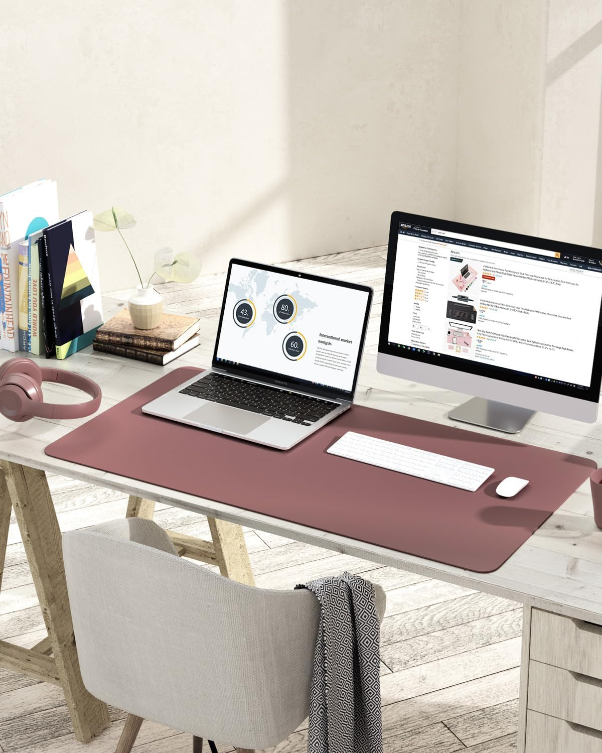 Large Non-Slip Leather Desk Pad - Waterproof Laptop and Keyboard Mat, Table Protector Blotter, Ideal for Office, Home, and Decor (Dark Pink, 35.4" x 17")